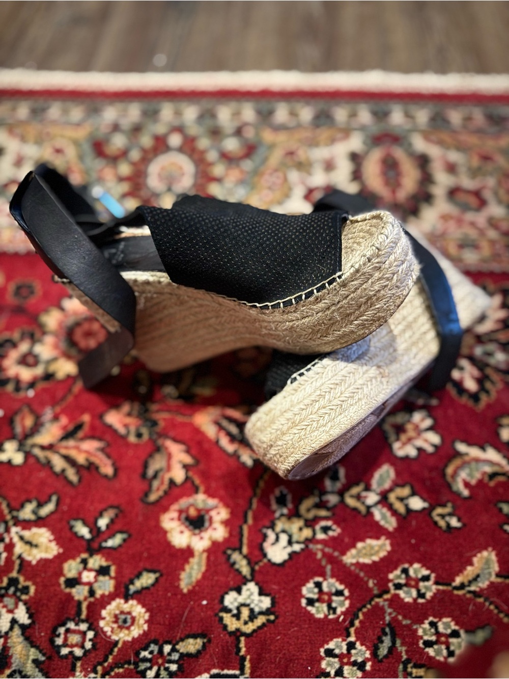 Marc Fisher Black Espadrille Wedge Sandals with Natural Jute Platform